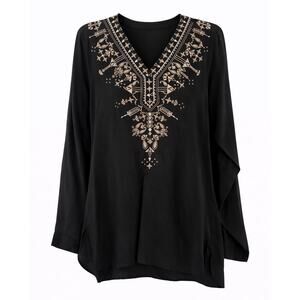 Sigrid Olsen Signature Silk Tunic Blouse Embroidered V-Neck Boho Black - Medium